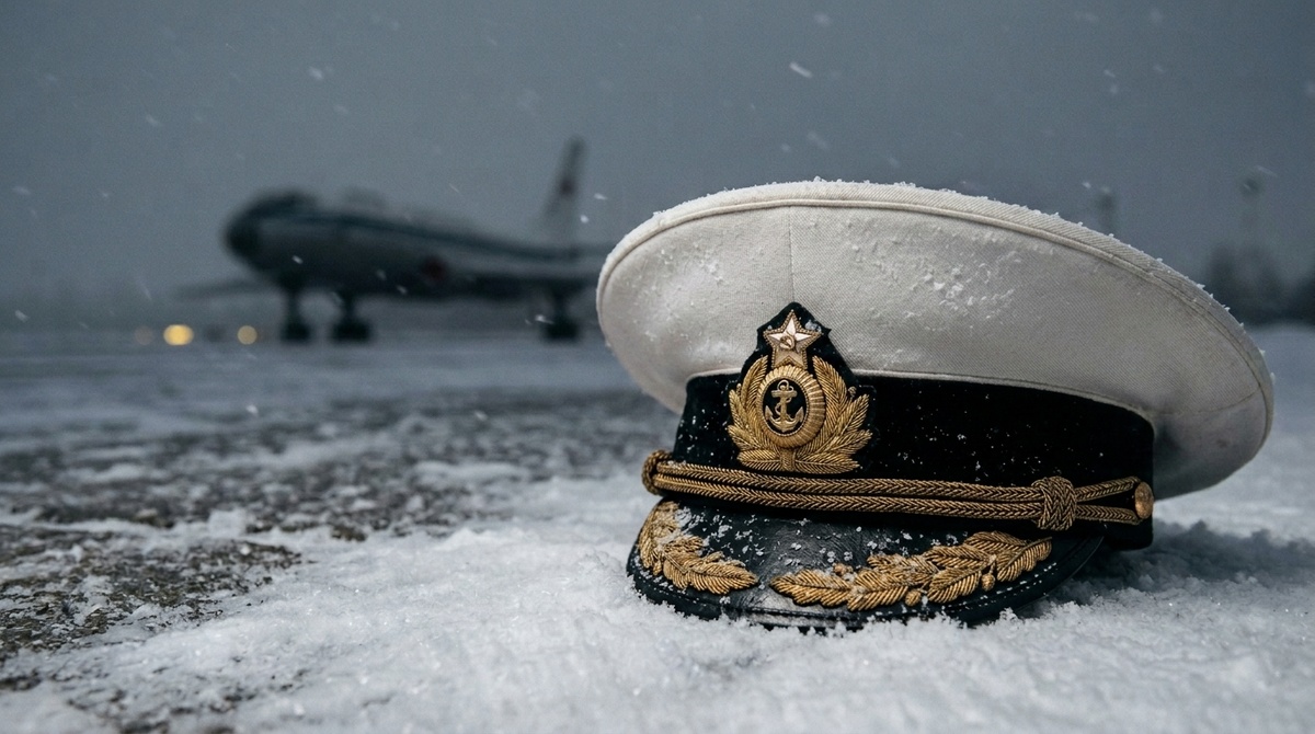 Адмиральская фуражка ВМФ СССР на заснеженной полосе аэродрома Пушкин. Февраль 1981 года