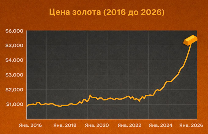 Так росла цена на золото за последние 10 лет.