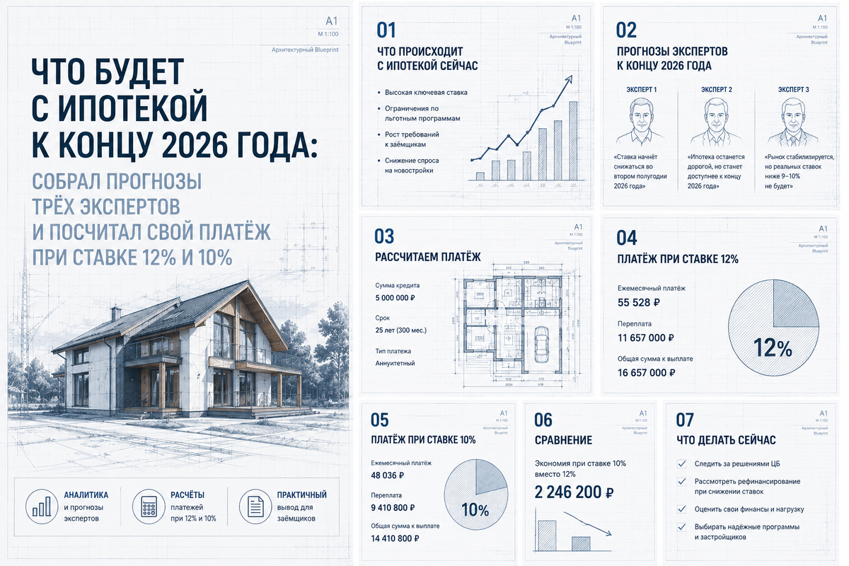 Ставки по ипотеке остаются высокими, но разговоров о снижении всё больше. Я собрал прогнозы экспертов, поговорил с ипотечными менеджерами и посчитал, как изменится платёж по кредиту на дом при ставке 12% и 10%.