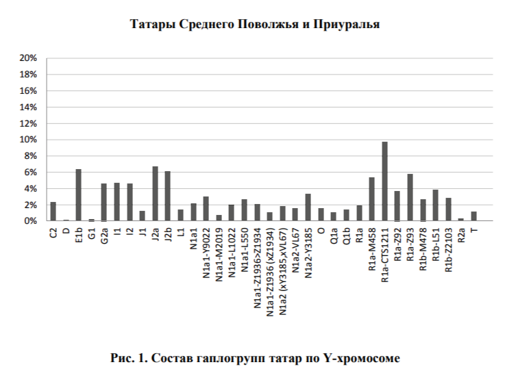 
Источник: «Генофонд татар: историко-генетическое исследование. Гаплогруппы Y-хромосомы» / М.М. Акчурин и [др.]. – Казань. Институт истории им. Ш. Марджани АН РТ, 2021