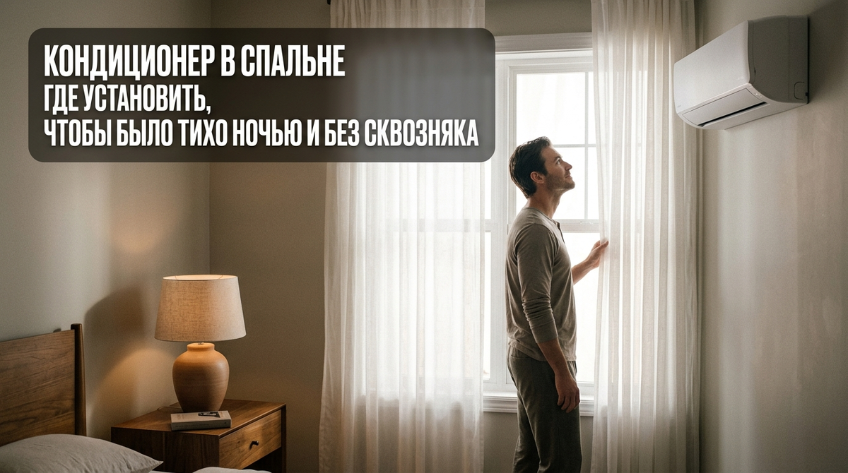 Изображение демонстрирует оптимальное расположение кондиционера в спальне для обеспечения спокойного сна и отсутствия сквозняка.