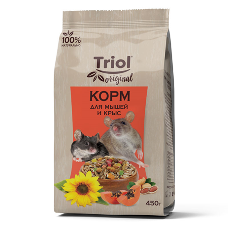 На фото – полнорационный корм для всеядных мышей и крыс Triol Original. Помимо злаковых культур, орехов и семян, в обновленную рецептуру вошли гранулы из моркови и кукурузы, обогащенные витаминами и минералами для комплексного поддержания здоровья и иммунитета питомца, а также природный мел и личинки черной львинки.