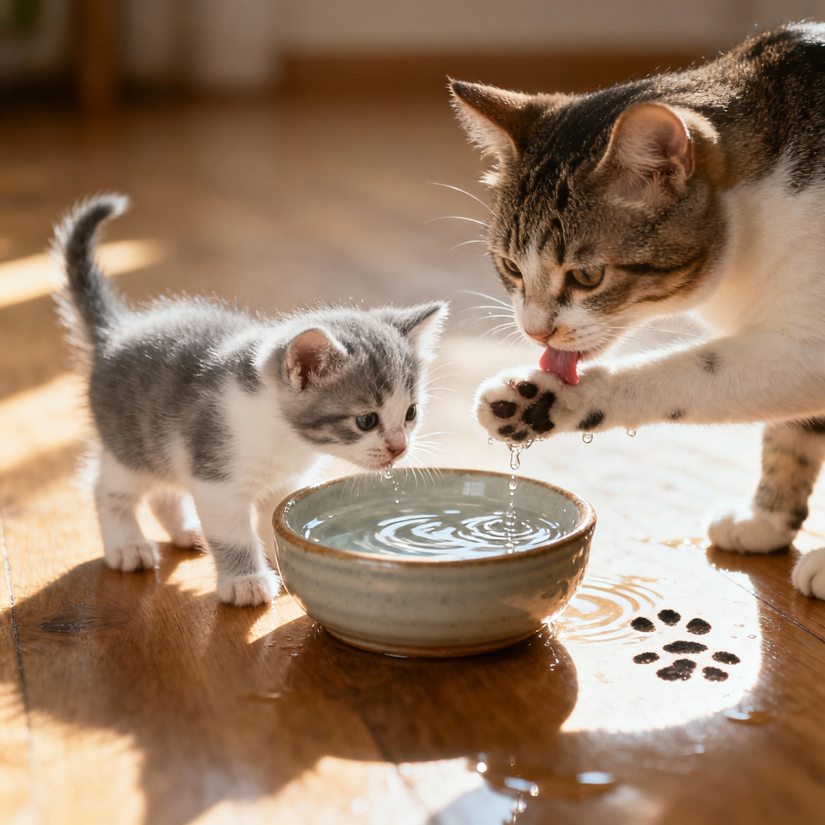 Как научить котенка лакать воду.