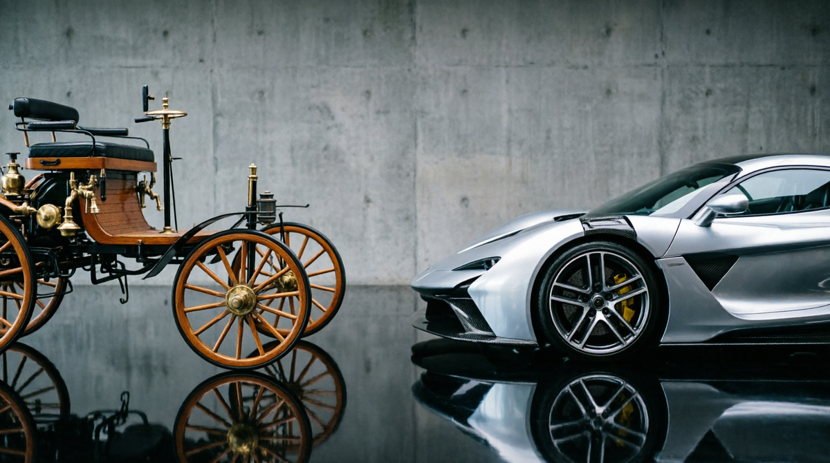 На фотореалистичном снимке в студийном освещении представлены:
Слева: Benz Patent-Motorwagen 1886 года с характерными деревянными колёсами со спицами, латунными деталями и викторианской эстетикой
Справа: Современный серебристый гиперкар 2026 года со сложной геометрией алюминиевого кузова и карбоновыми элементами