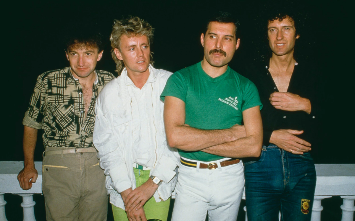 Queen в Рио в 1985 году. Слева направо: Джон Дикон, Роджер Тейлор, Фредди Меркьюри и Брайан Мэй. Фото: Дейв Хоган/Hulton Archive/Getty