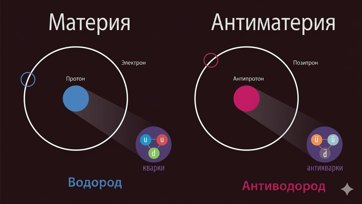 Материя и антиматерия отличаются симметрией зарядового сопряжения. Это дискретная симметрия, при которой частицы меняются на античастицы и наоборот. Античастицы имеют ту же массу, спин и энергию, что и материальные частицы, но противоположные электрические и цветовые заряды, а также другие квантовые характеристики, такие как лептонное и барионное числа. При встрече материя и антиматерия обычно аннигилируют, высвобождая энергию в виде фотонов.