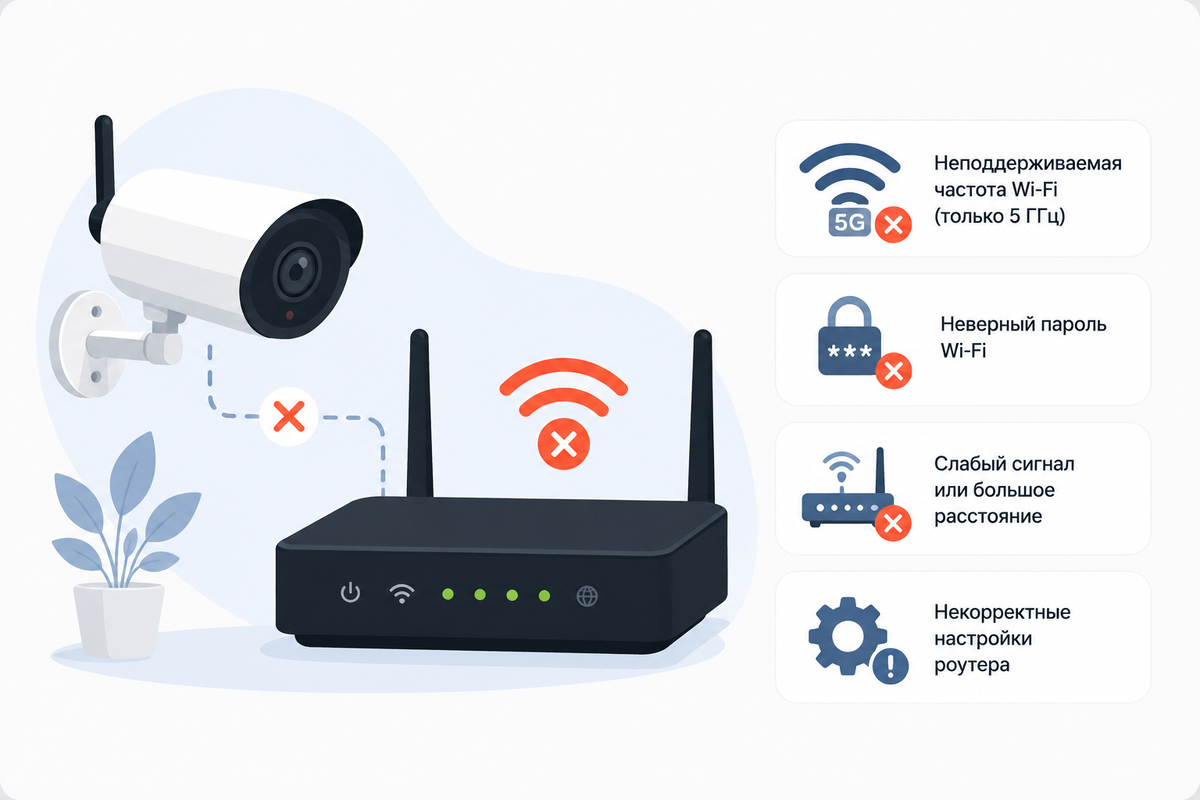 После замены роутера или смены настроек Wi-Fi камера может перестать подключаться к сети даже при исправном интернете.
