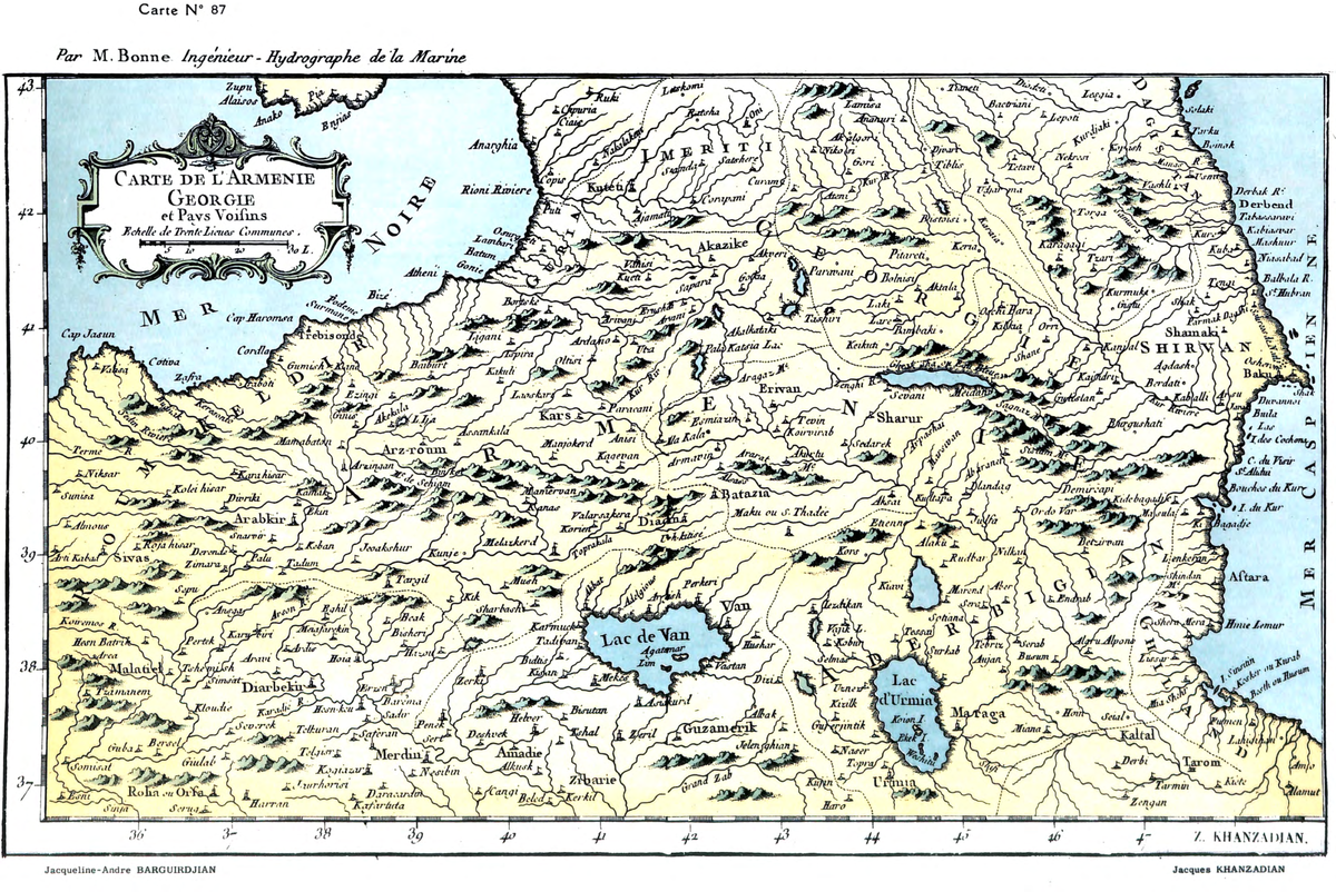 Карта Армении, Грузии и соседних стран. Жак-Никола Билён, 1764 год. Источник: атлас Затика Ханзадяна «Историческая картография Армении»