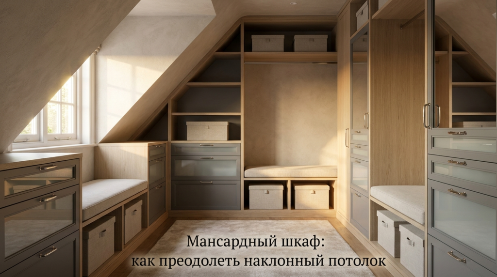    Пример эффективного использования пространства под скосом крыши с помощью встроенной мебели. MDKUHNY