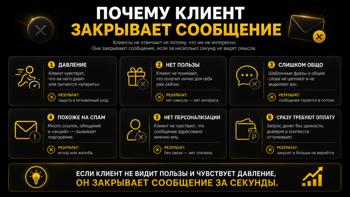Клиент закрывает сообщение, если не видит пользы и чувствует давление