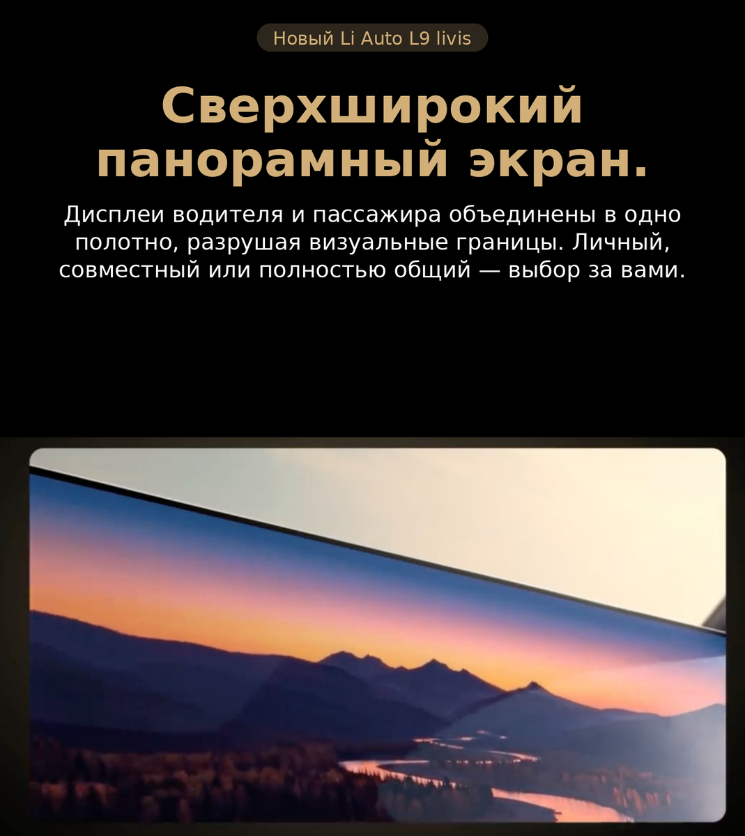 Экраны водителя и пассажира объединены без визуального шва, три режима использования. Источник Li Auto