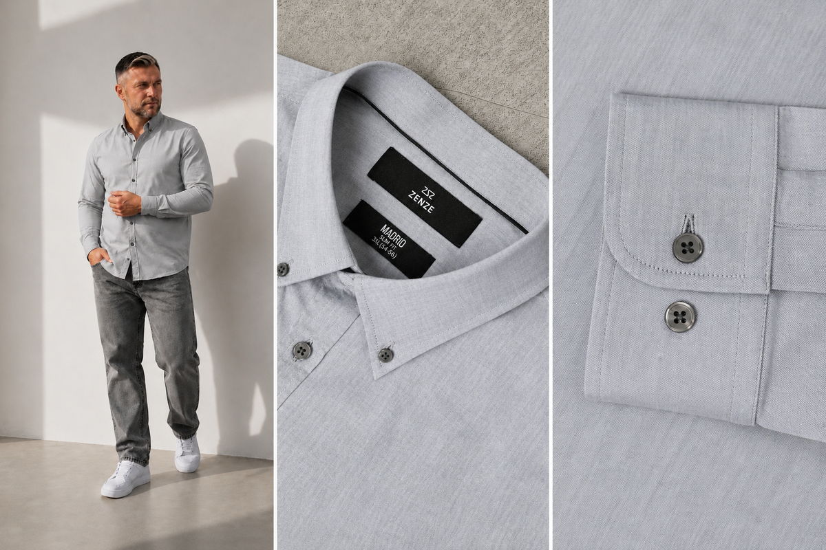 На фото рубашка ZENZE MADRID серый Twill и манжета с 2-мя пуговицами для индивидуальной регулировки размера