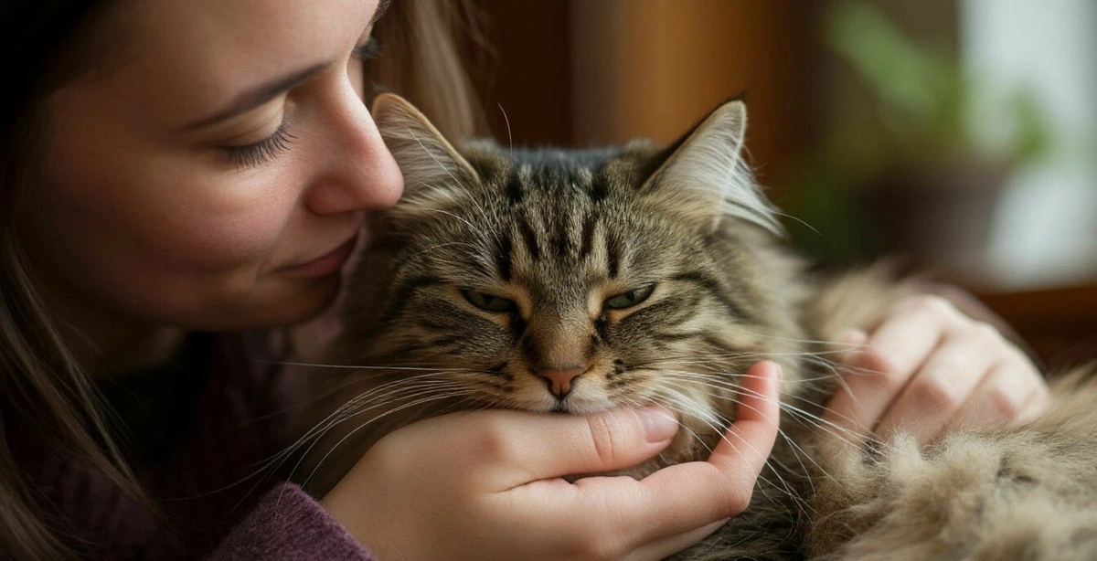 женщина гладит кота