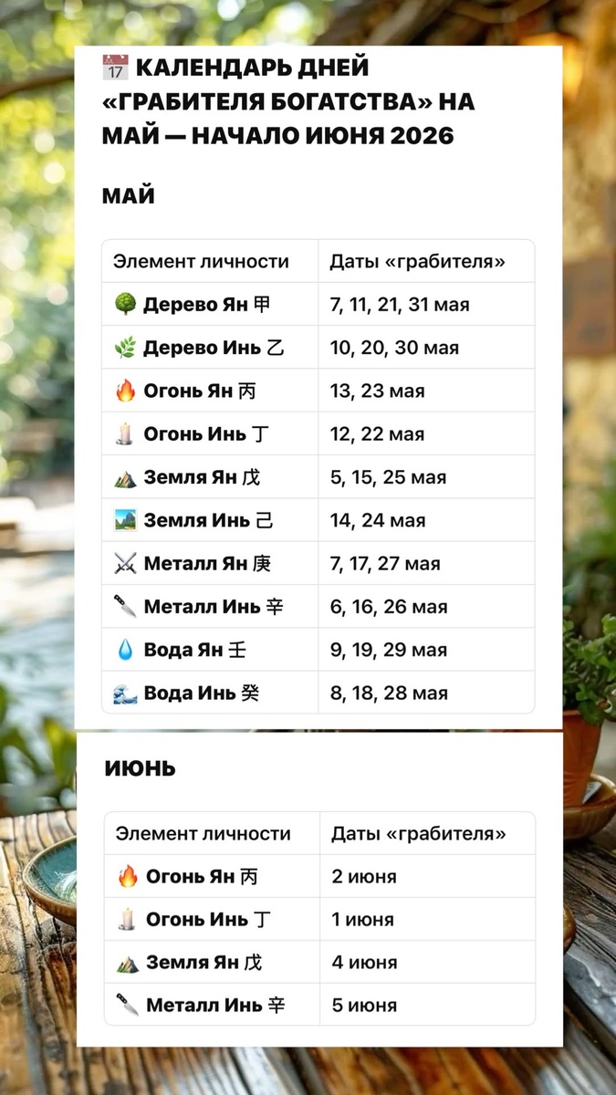 Пример дат грабителей богатства для каждого элемента личности 