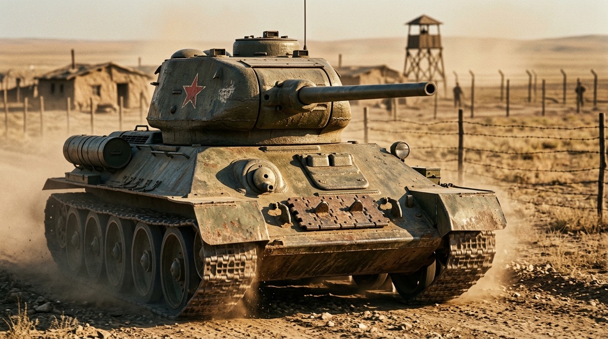 Танк Т-34 входит на территорию 3-го лагерного отделения Степлага. Казахская степь, июнь 1954 года