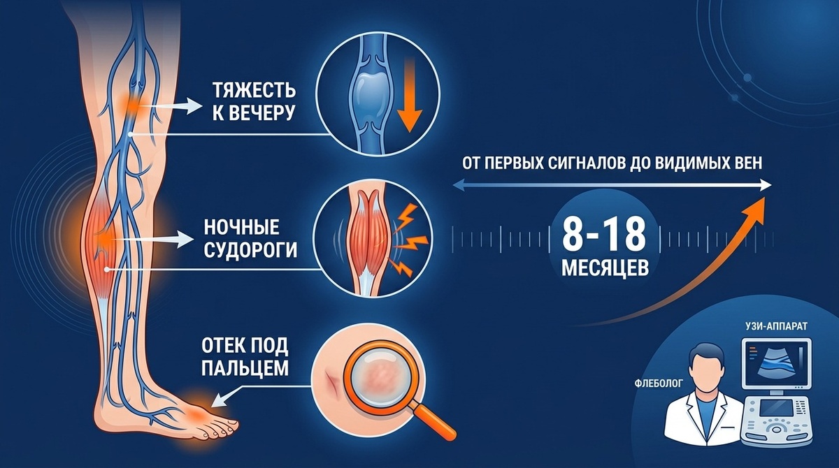 латентный венозный отёк появляется в среднем за 10-14 месяцев до видимого расширения вен.