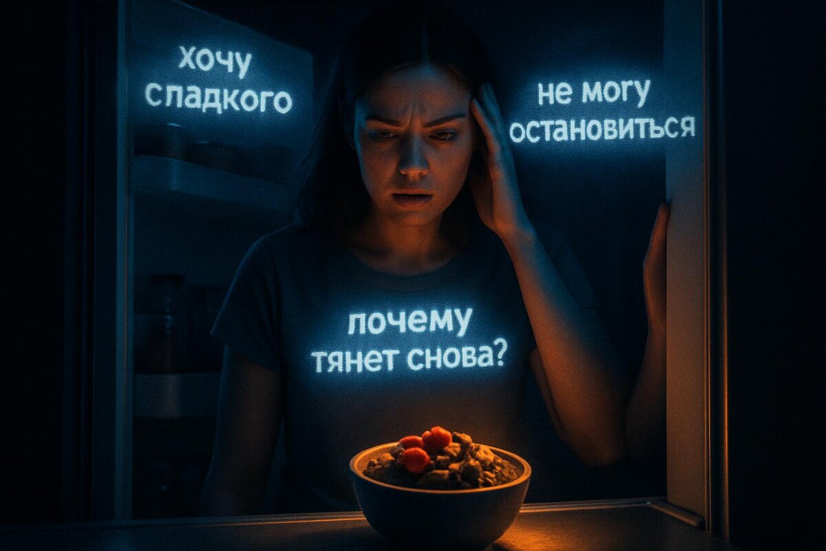 женщина стоит перед холодильником ночью, тянет руку к сладкому