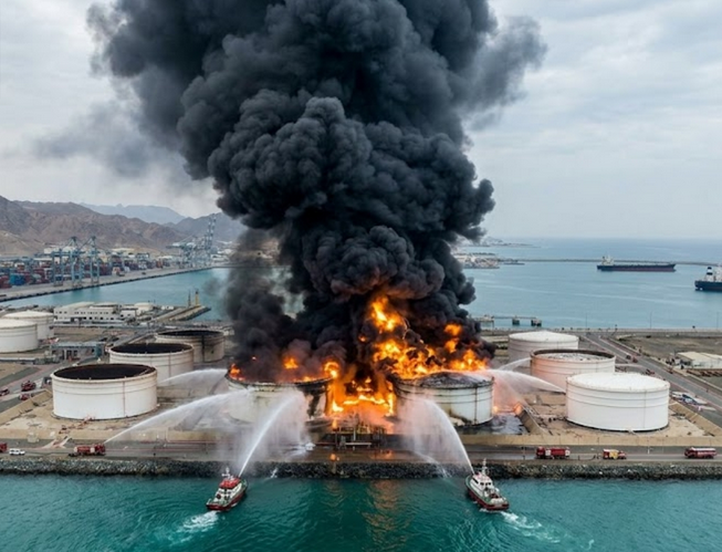 Беспилотник нанес удар по нефтяному терминалу в порту Фуджейра в ОАЭ, вызвав пожар и парализовав работу ключевого энергетического узла Персидского залива. Фото: Gemini.