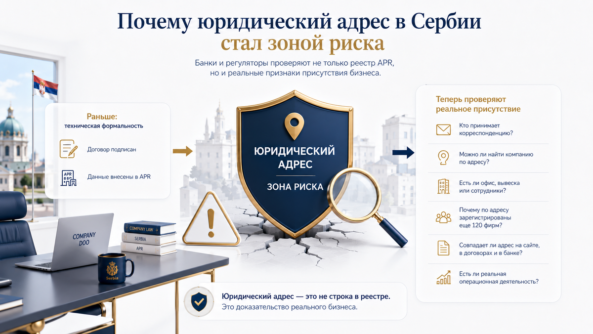 Как банки и контрагенты проверяют юридический адрес в Сербии. Риски массовых адресов, виртуальных офисов и абсентс-проверок бизнеса