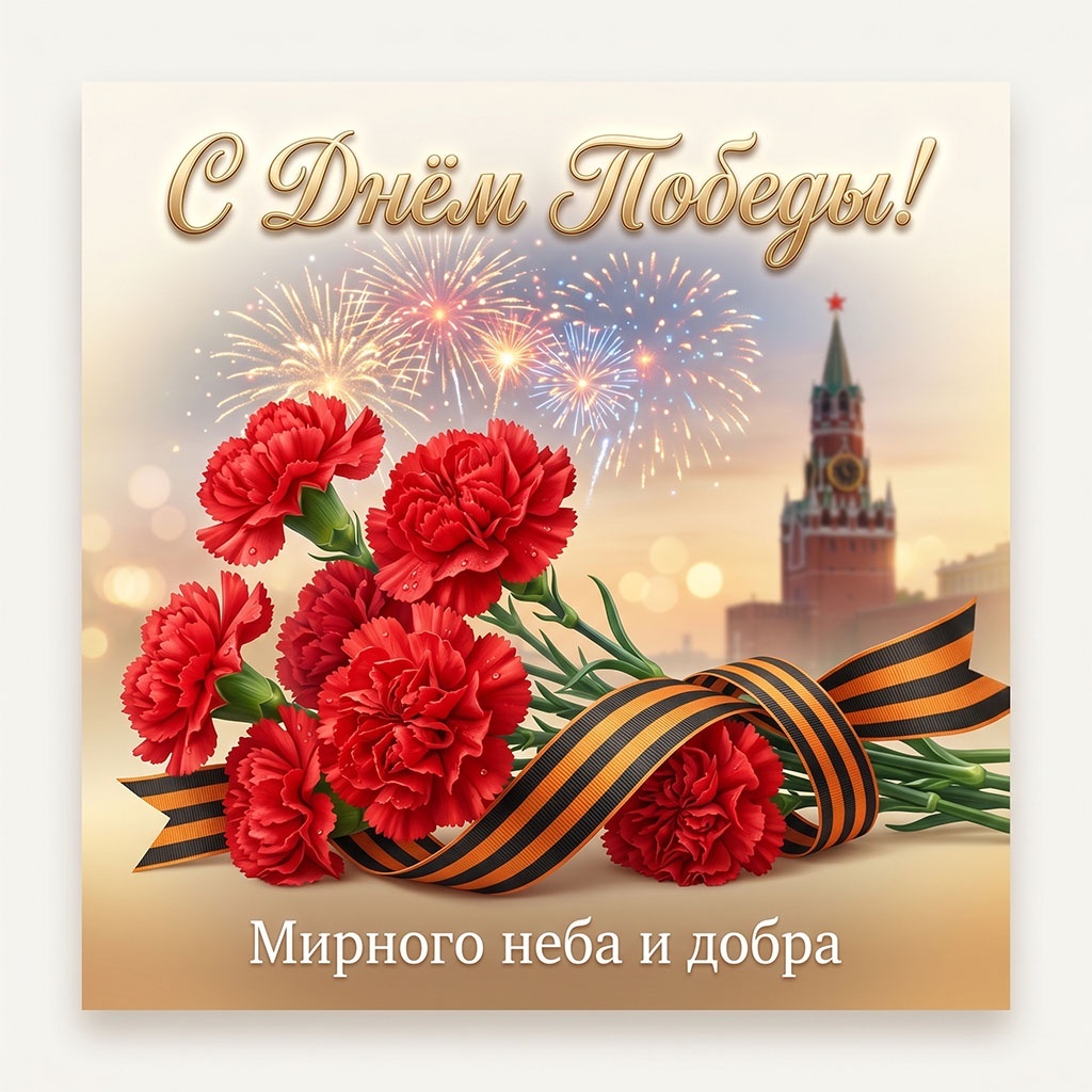    Красивые открытки на 9 Мая: гвоздики с георгиевской лентой на фоне Спасской башни Кремля и салюта. / Фото: Создано с использованием нейросетевых технологий.