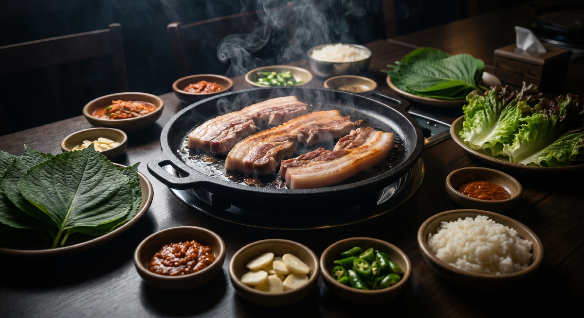 Самгёпсаль — это не просто жареная свинина. Это ритуал. Мясо, лист, рис, соус, чеснок — всё в одном укусе. Именно так едят в Корее каждую пятницу вечером