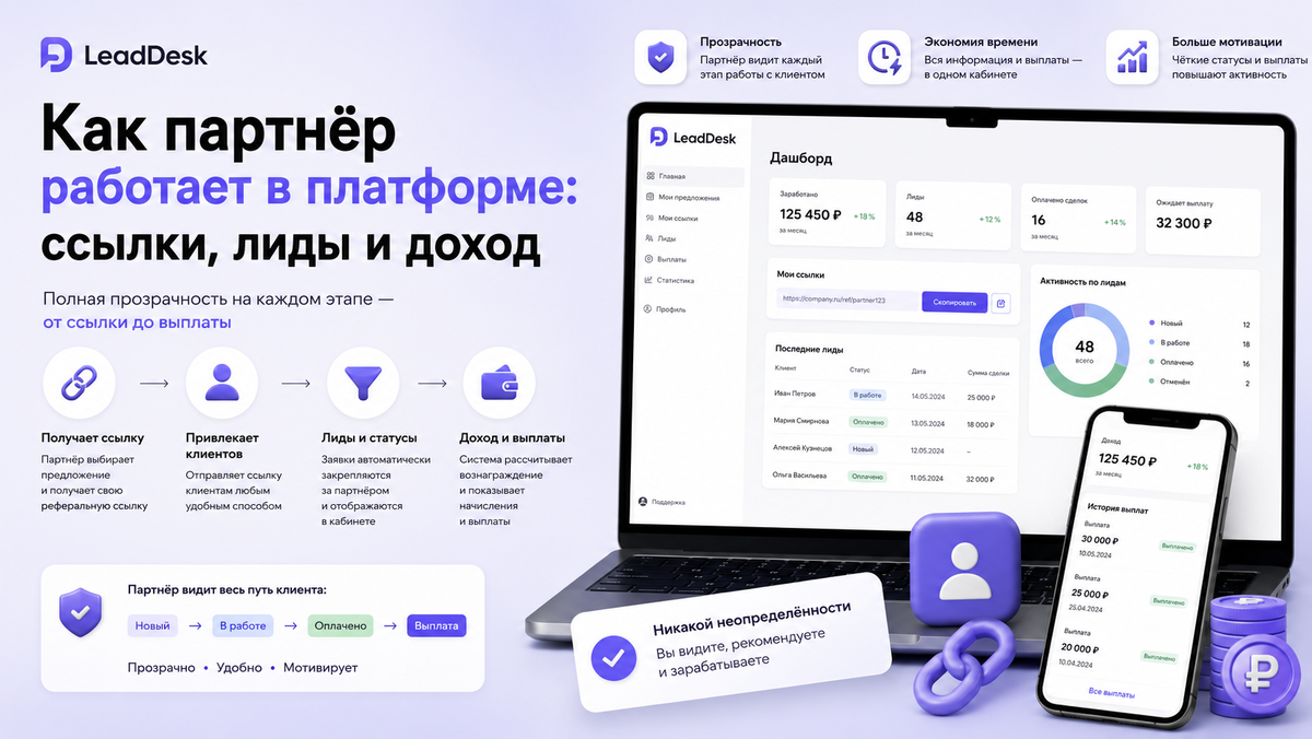 В личном кабинете партнёр получает всё необходимое для работы: реферальные ссылки, лиды, статусы сделок и информацию о начислениях.