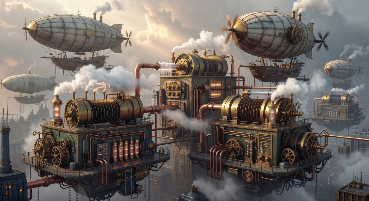 Realistic steampunk cloud infrastructure metaphor for cloud services: massive Victorian-era airships and floating brass factories in the sky, connected by steam pipes, gears, and copper cables, pumping data like vapor through huge bellows and piston engines, intricate mechanical servers with glowing vacuum tubes, riveted metal platforms hovering over a foggy industrial city like Bioshock Rapture but in the clouds, detailed machinery, realistic lighting, cinematic atmosphere