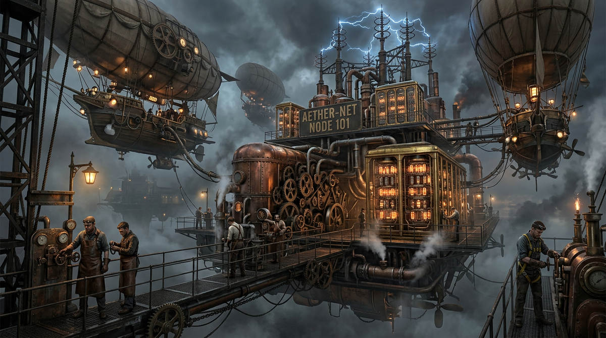 A realistic steampunk cloud infrastructure metaphor inspired by BioShock Rapture: massive brass and copper servers with glowing vacuum tubes, steam-powered cooling pipes hissing vapor, gear-driven data cables like pneumatic tubes, enormous hot air balloons and airships floating in foggy industrial sky holding server clusters, lightning-rod antennas crackling with energy, workers in leather aprons maintaining the machinery, detailed mechanical realism, no fantasy elements, industrial Victorian era machinery scaled to city-size data centers
