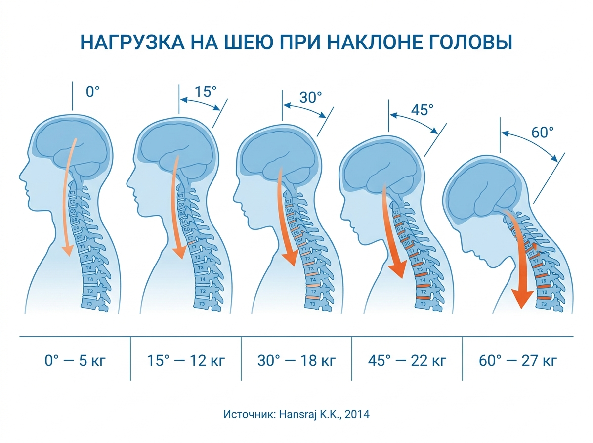 Схема нагрузки на шею при наклоне головы — 5 кг в прямом положении, 27 кг при наклоне 60 градусов по данным исследования Hansraj 2014 года