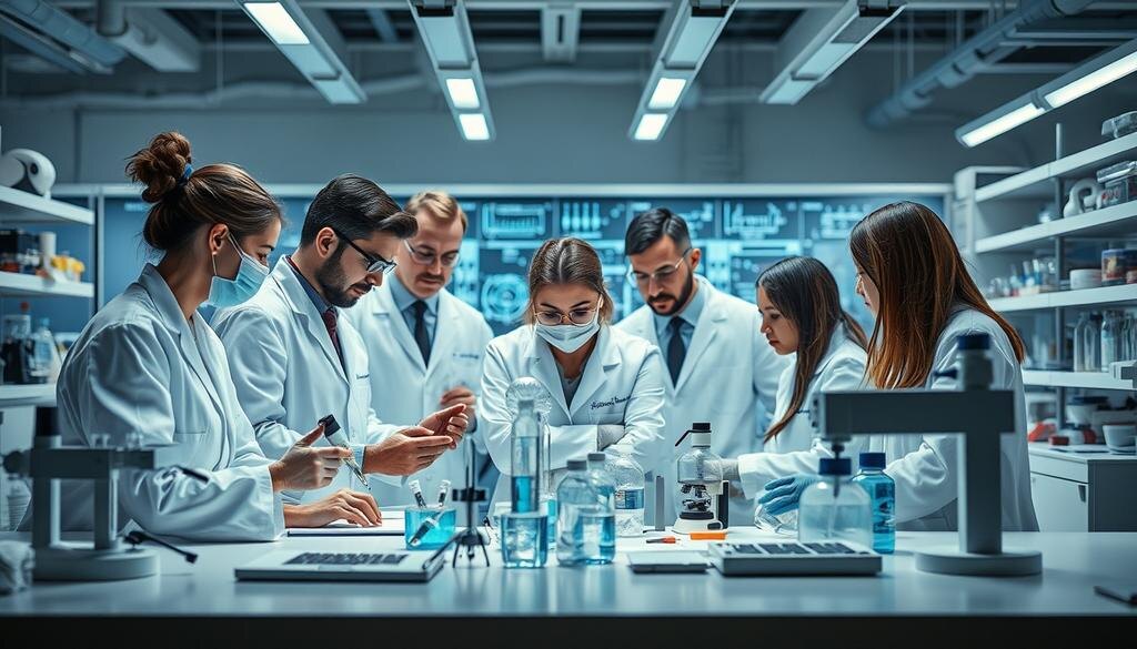    Учёные работают в лаборатории, окружённые современными технологиями и оборудованием.