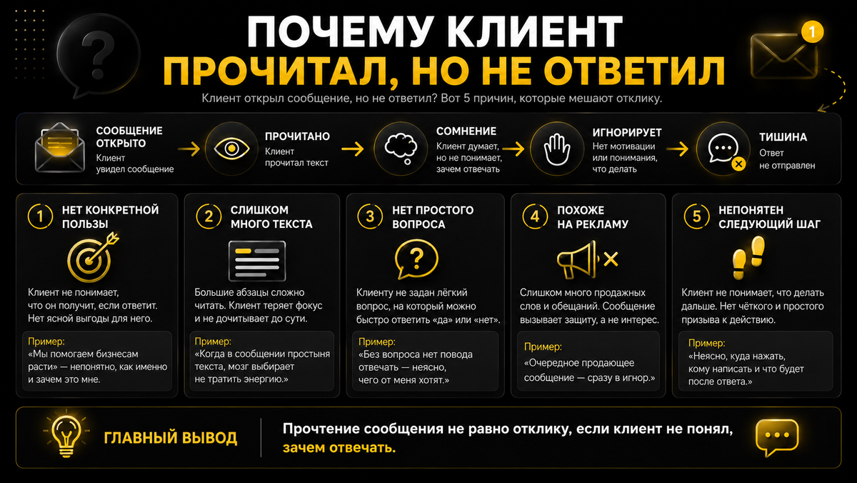 Прочтение сообщения не означает отклик, если клиент не понял пользу и следующий шаг