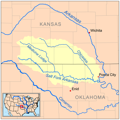 Ме́дисин Лодж Крик - левый центральный сектор карты; Borrowed from here: https://en.wikipedia.org/wiki/Medicine_Lodge_River (By Kmusser - Self-made, based on USGS data., CC BY-SA 3.0, https://commons.wikimedia.org/w/index.php?curid=4396499)
