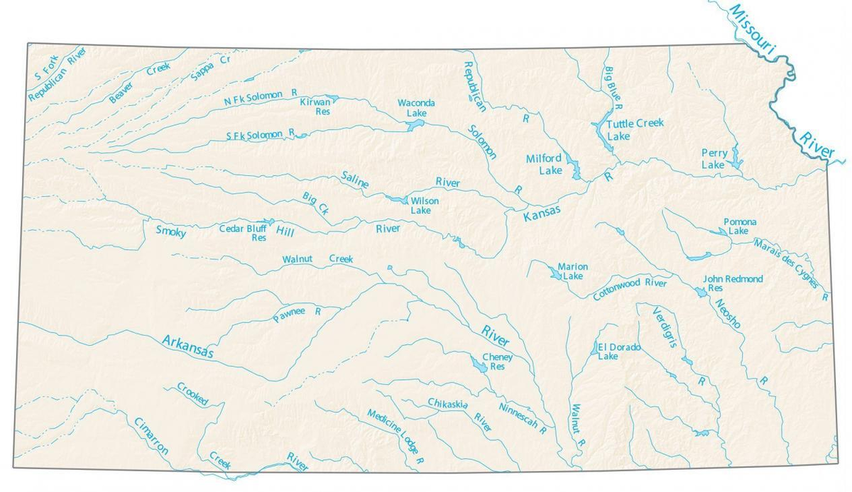 Карта рек Канзаса, Ме́дисин Лодж внизу в центре (Borrowed from here:  https://gisgeography.com/kansas-lakes-rivers-map/)