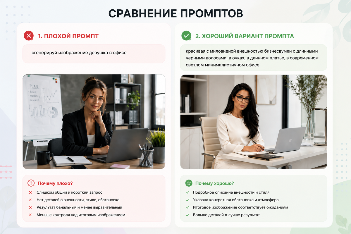 Пример промптов, чем больше деталей вы внесете - тем лучше будет итоговое изображение