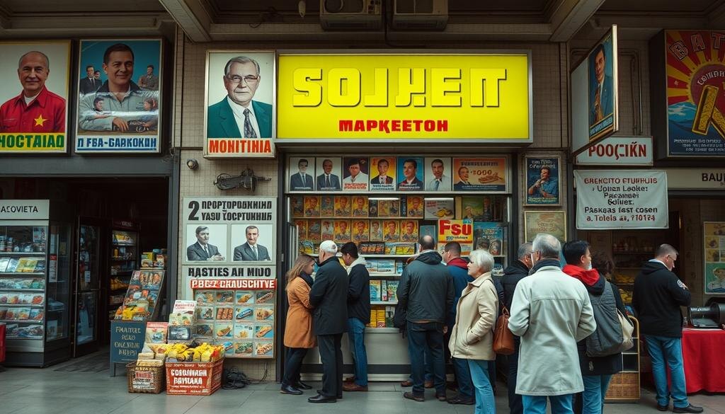    Ностальгическая сцена советского рынка с очередями и яркими плакатами 1980-х годов.