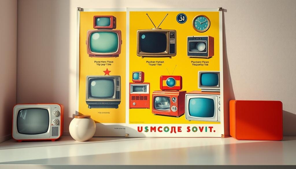    Яркий советский рекламный плакат с изображением бытовых товаров, таких как телевизоры и кухонные приборы.