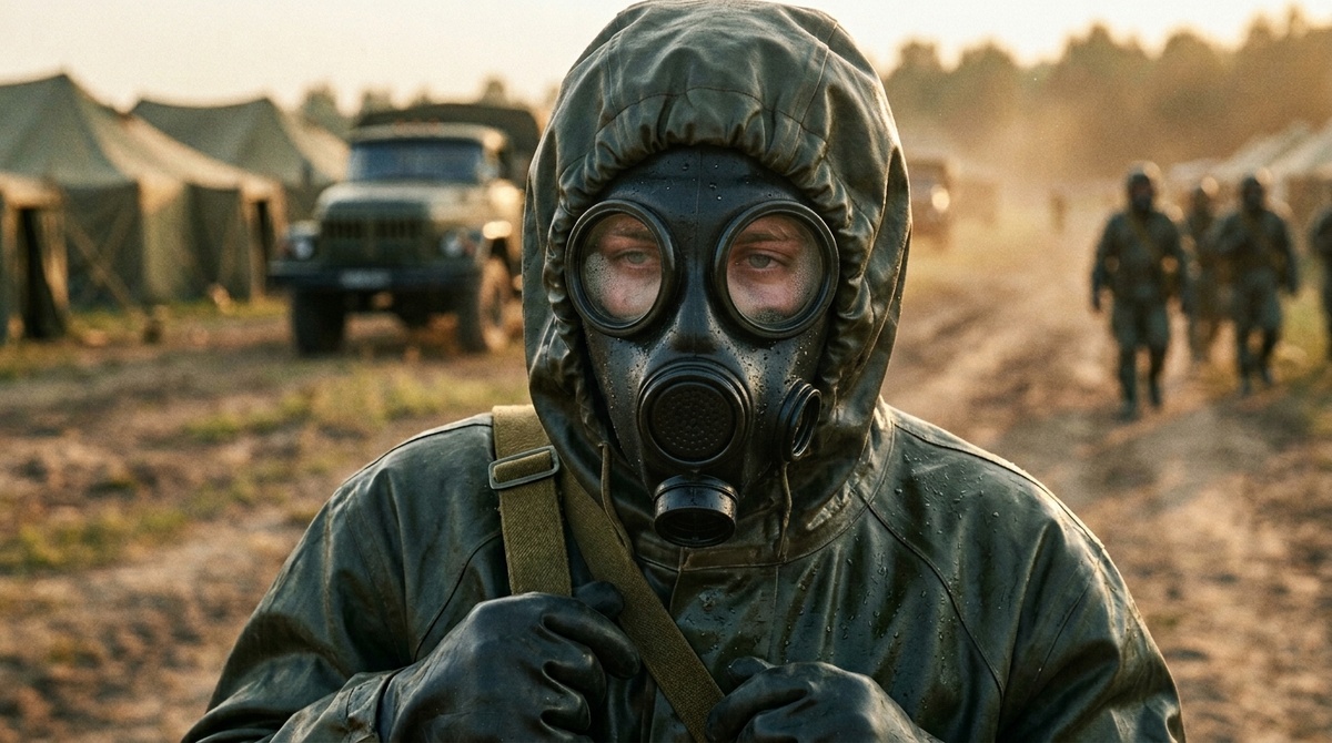 Призывник химвойск в общевойсковом защитном комплекте на летних учениях. СССР, середина 1980-х