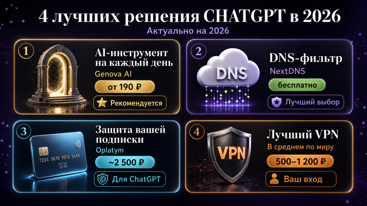 4 способа открыть ChatGPT в России 2026 — инфографика: российский AI-сервис Genova AI от 190 ₽, бесплатный DNS-профиль NextDNS, подписка ChatGPT Plus через посредника Oplatym 2 500 ₽, премиум-VPN 500-1 200 ₽