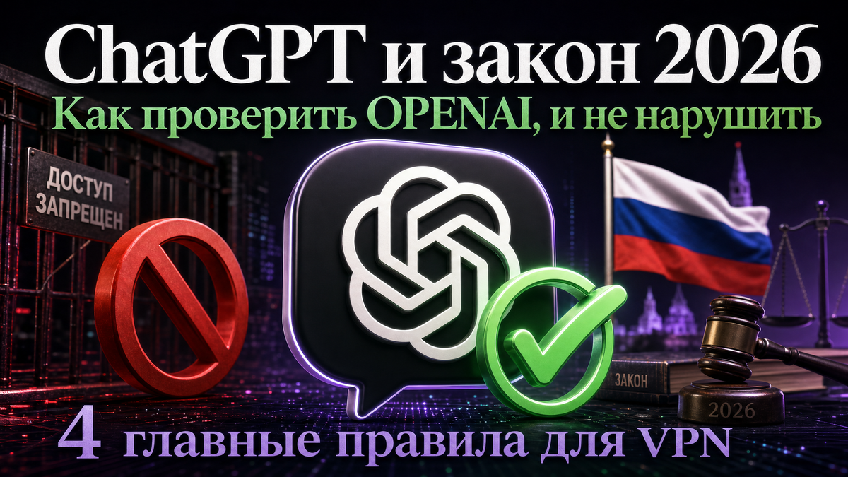 ChatGPT в России 2026 без VPN: иконка ChatGPT с зелёной галочкой, флаг России и красный знак запрета — заглавная иллюстрация о доступе к OpenAI из РФ