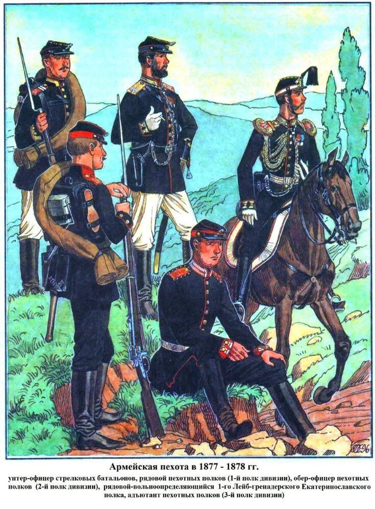 Армейская пехота в 1877 - 1878 гг. унтер-офицер стрелковых батальонов, рядовой пехотных полков (1-й полк дивизии), обер-офицер пехотных полков (2-й полк дивизии), рядовой-вольноопределяющийся 1-го Лейб-гренадерского Екатеринославского полка, адъютант пехотных полков (3-й полк дивизии). Ссылка: https://mikhael-mark.livejournal.com/605446.html?ysclid=movozt2zgc486894400 и https://fr.pinterest.com/pin/776659898222493914/