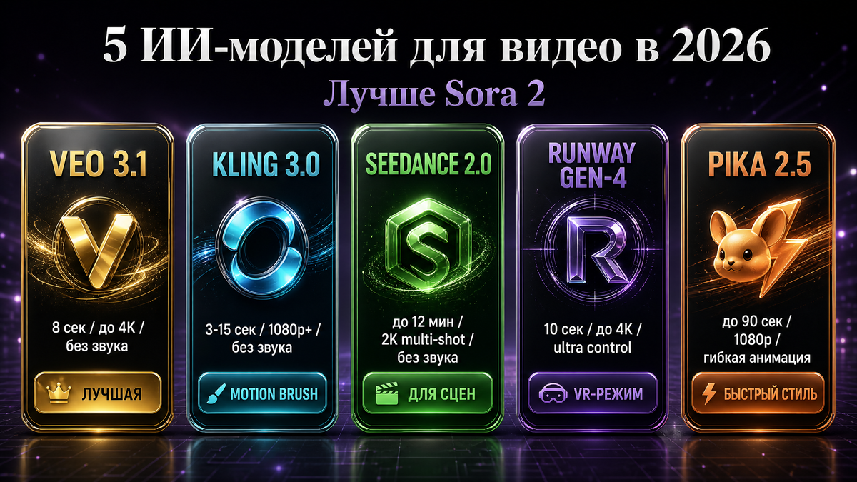 5 нейросетей для видео 2026: Veo 3.1, Kling 3.0, Seedance 2.0, Runway, Pika