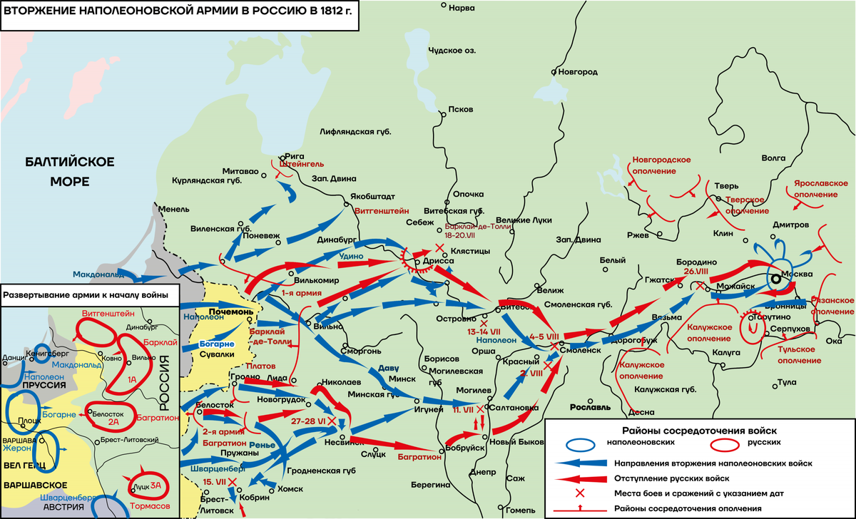 Карта отступления русской армии в июне-августе 1812 года