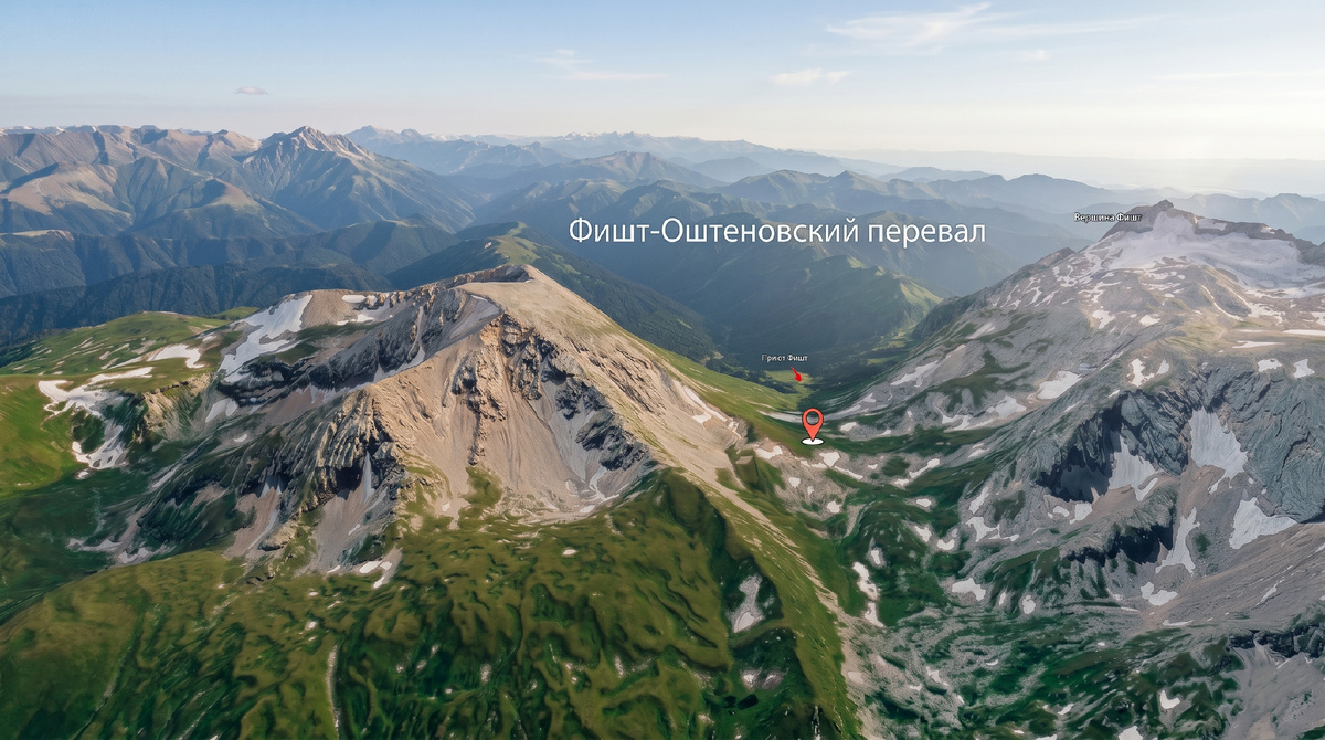 Фото-1. Панорамный маршрут: Фишт-Оштеновский перевал между двумя великанами Кавказа — Фиштом и Оштеном, коридор для настоящих покорителей гор