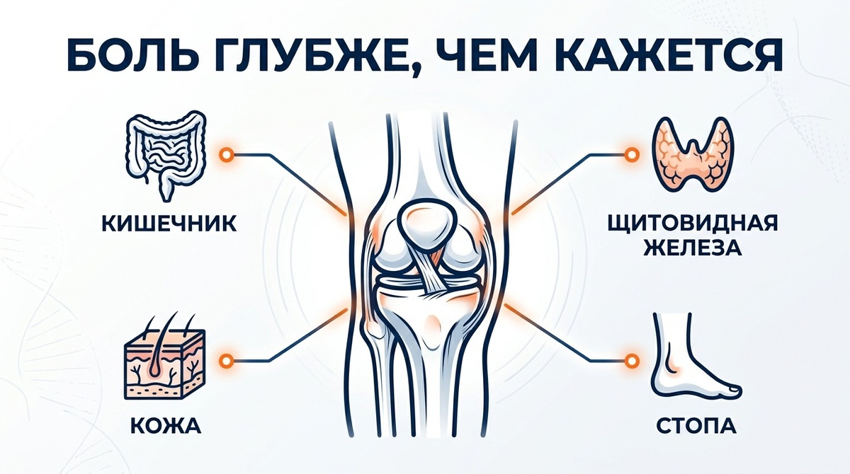 боль возникает после нагрузки, уменьшается в покое, нет выраженной утренней скованности, нет явной припухлости, температуры, кожных симптомов, кишечных жалоб