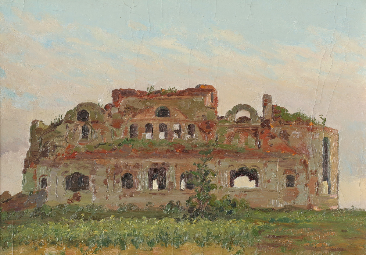 Кривоногов П.А. (1910–1967). Крепостная церковь. Этюд к картине «Оборона Брестской крепости». 1950. Картон, масло. 25х35. Приморская государственная картинная галерея