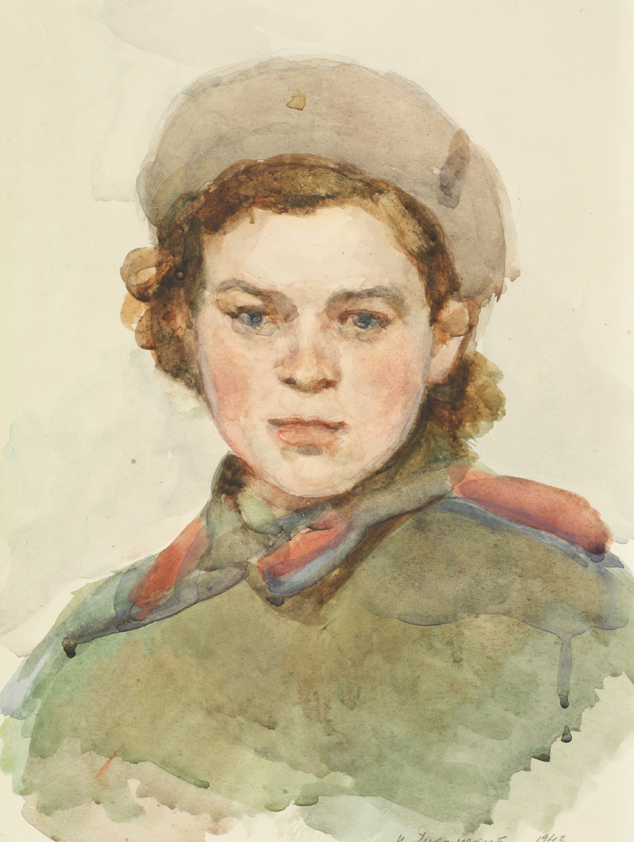 Лукомский И.А. (1906–1954). Юная медсестра. 1943. Бумага, акварель. 37х26,5. Приморская государственная картинная галерея