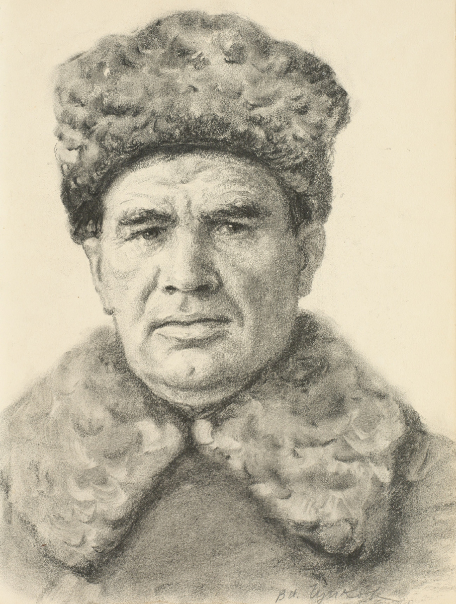 Лукомский И.А. (1906–1954). Портрет генерала В.И. Чуйкова. Не позднее 1954 г. Бумага, уголь. 45,5х33,8. Приморская государственная картинная галерея