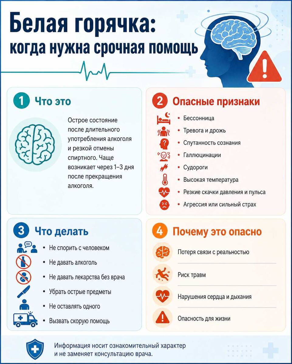 Белая горячка — опасное состояние, при котором человеку нужна срочная медицинская помощь