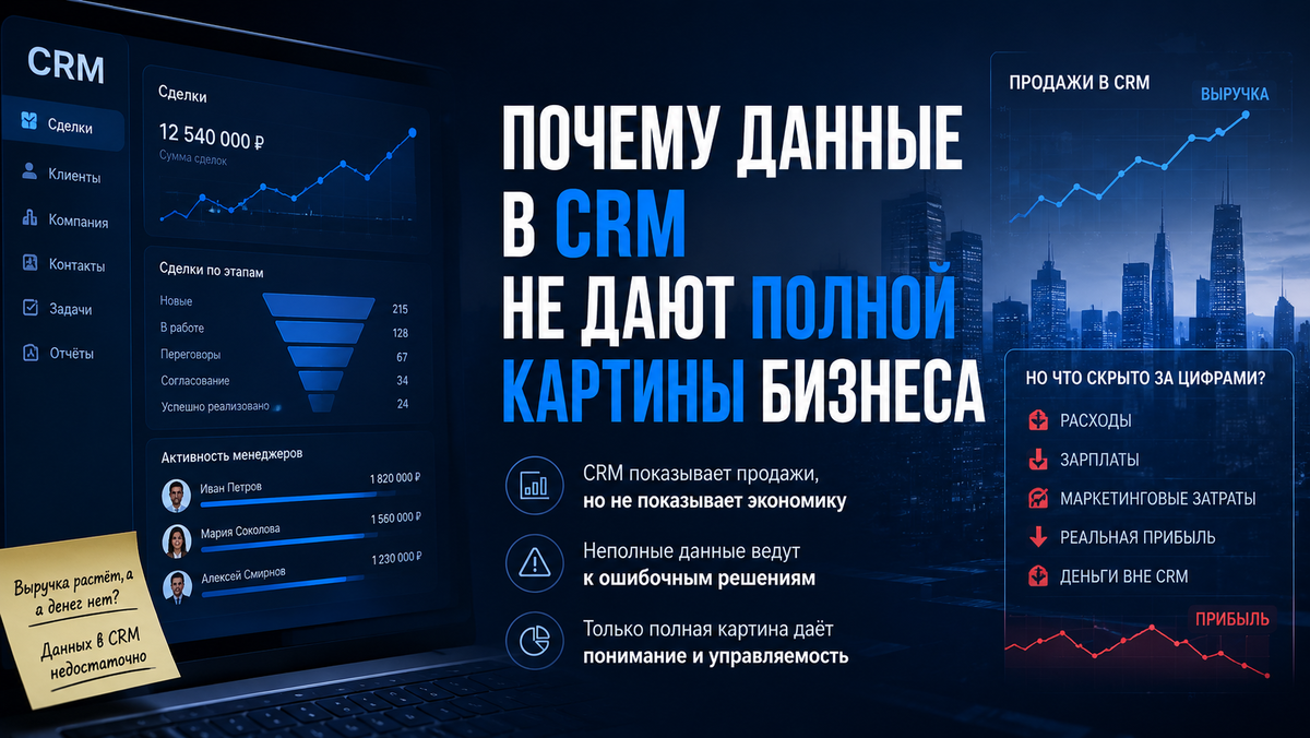CRM показывает продажи и сделки, но не отражает полную экономику бизнеса. Из-за этого руководитель видит рост в отчётах, но не замечает, как падает прибыль.