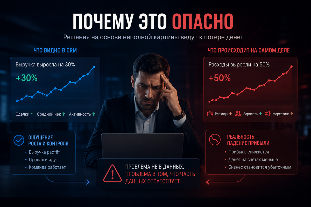 Когда решения принимаются на основе неполных данных, бизнес начинает расти «вслепую». Внешне показатели улучшаются, но реальные расходы и прибыль остаются вне поля зрения.